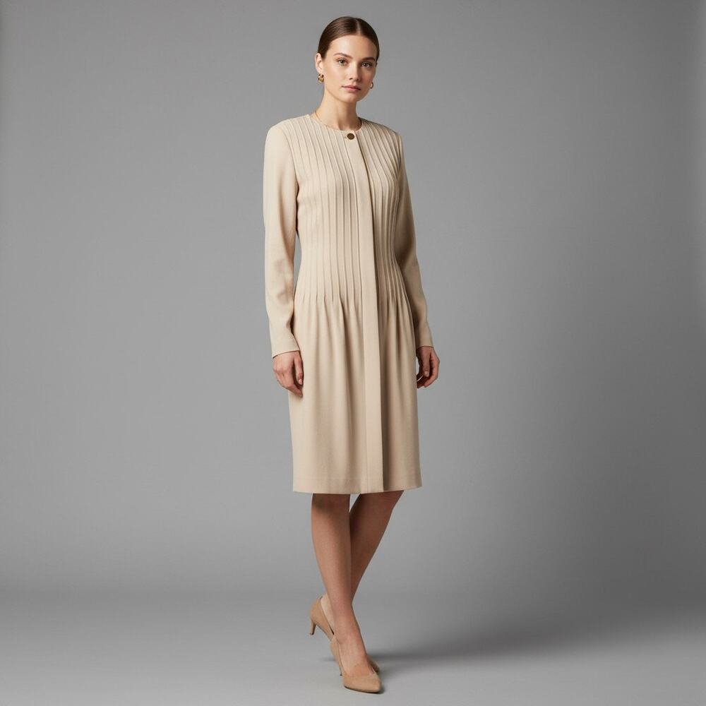Vintage Ann Tjian for Kenar Womens 4 Cream Pleated Button Down Dress Long Sleeve